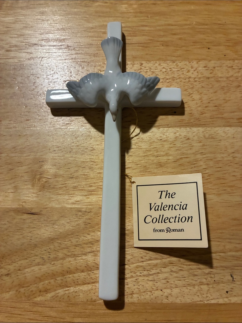 Vintage Roma Porcelain Cross with blue Dove-with OriginalValencia Collection Tag